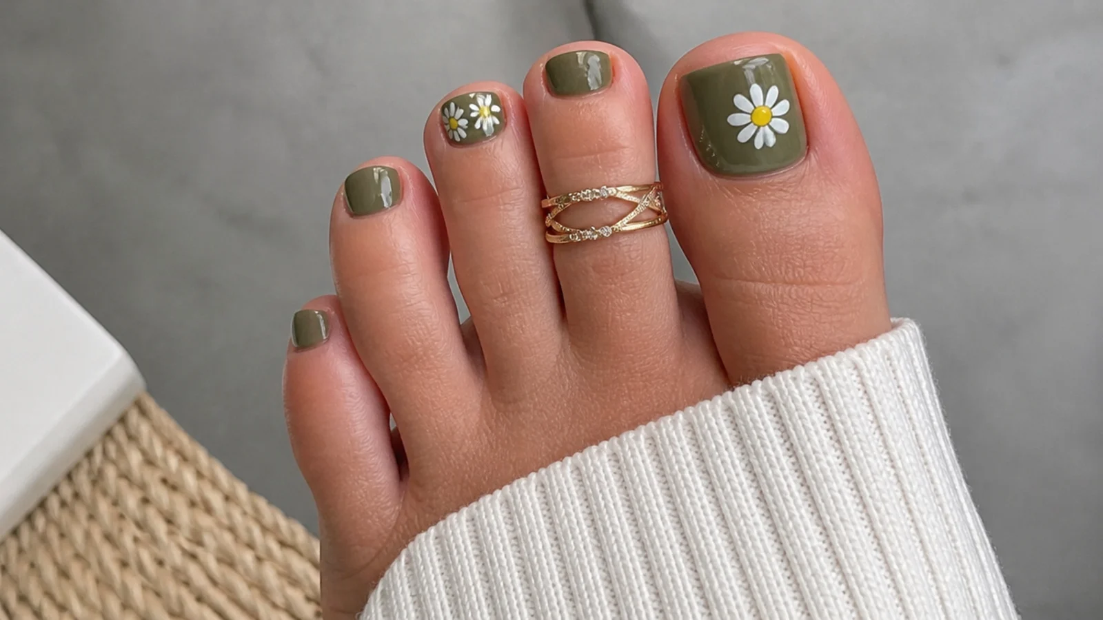 Olive green toe nails with small white daisy flowers
