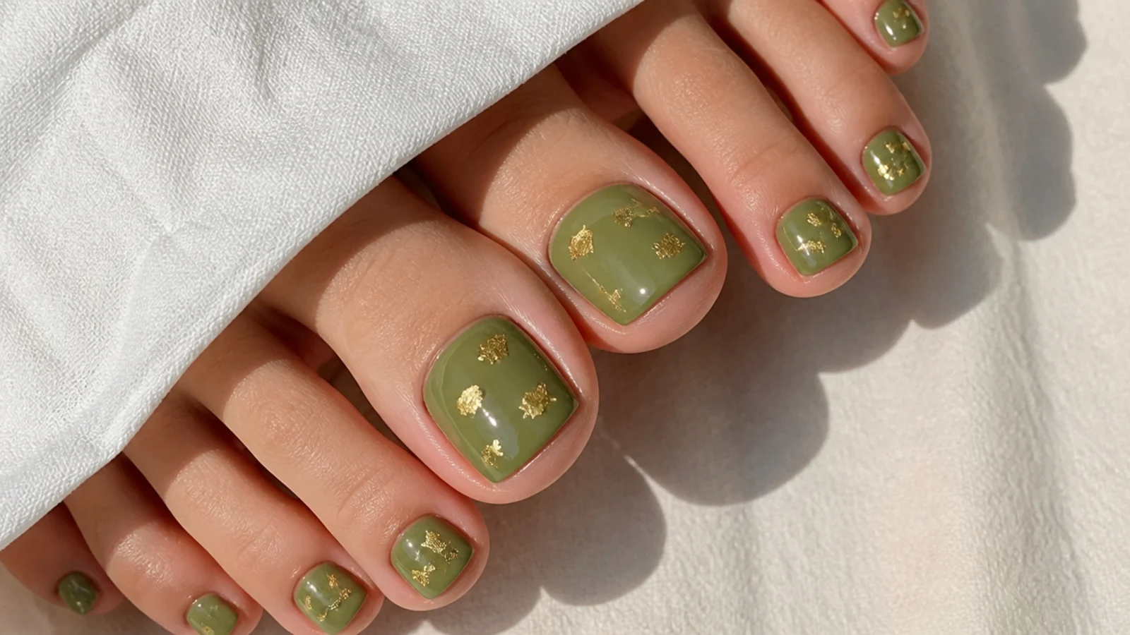 Olive green toe nails with pressed gold leaf foil flakes