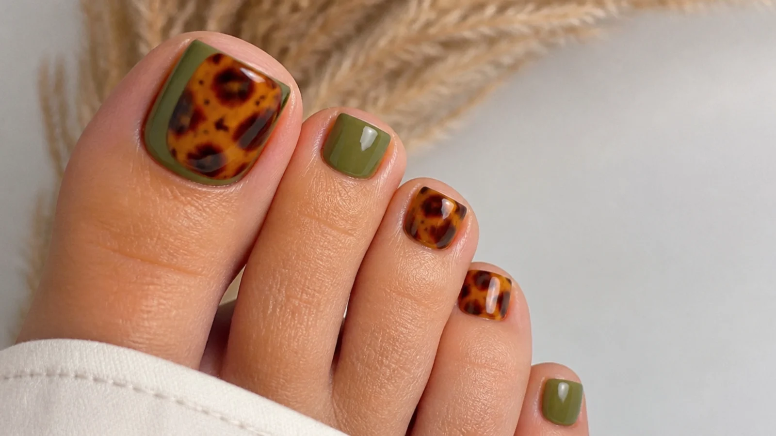 Olive green and brown tortoiseshell pattern toe nails