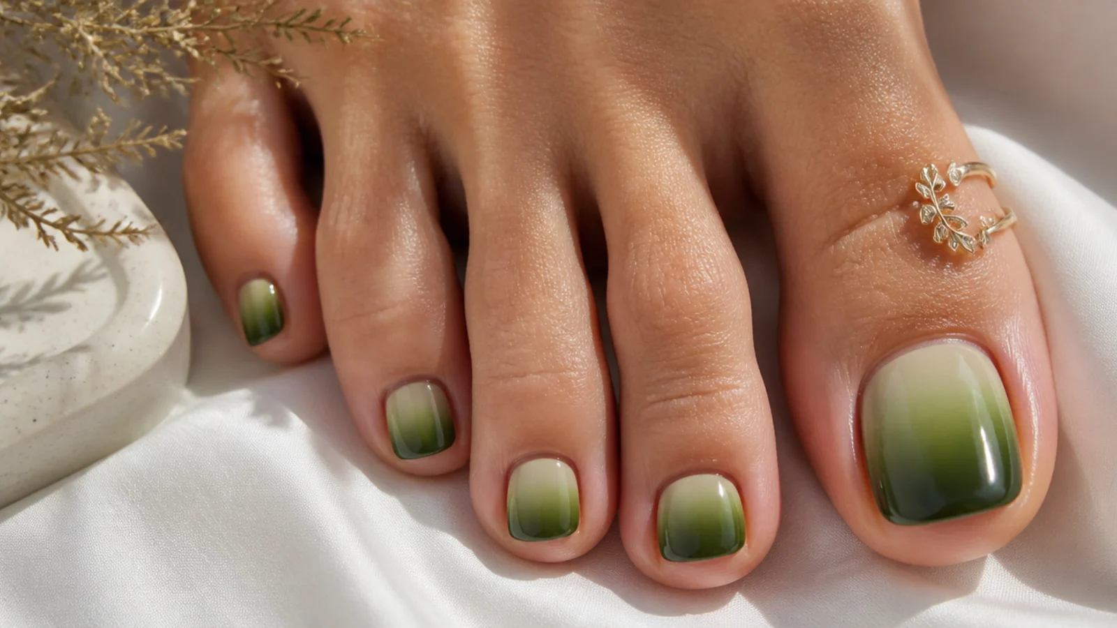 Olive green ombre toe nails fading from light to deep olive
