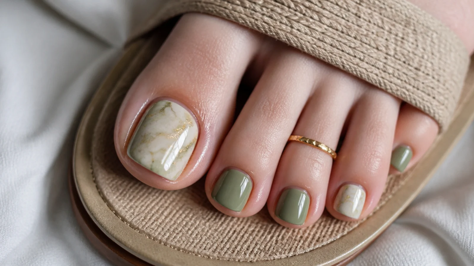 Olive green and cream marble veined toe nails