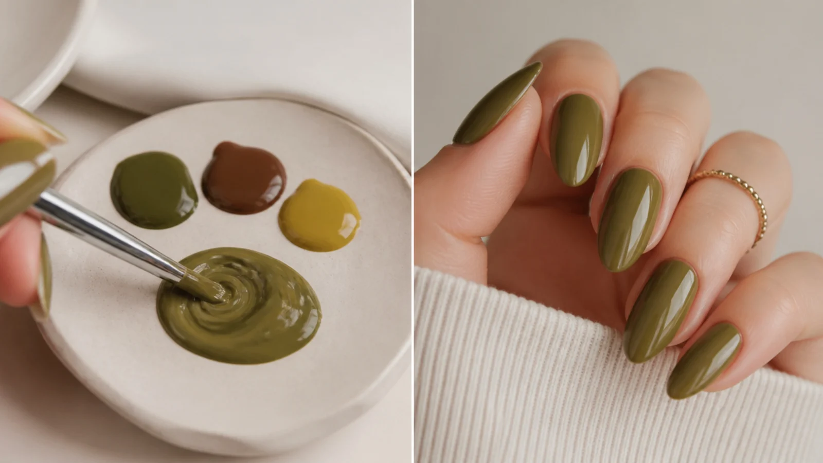 Mixing green, brown and yellow gel into a custom muted olive swatch