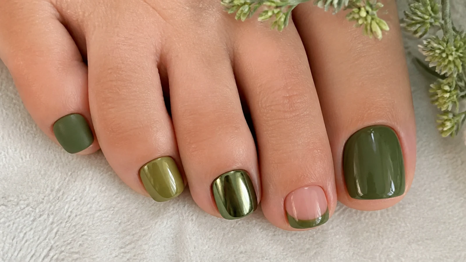 Olive green toe nails shown in glossy, matte, chrome and french finishes