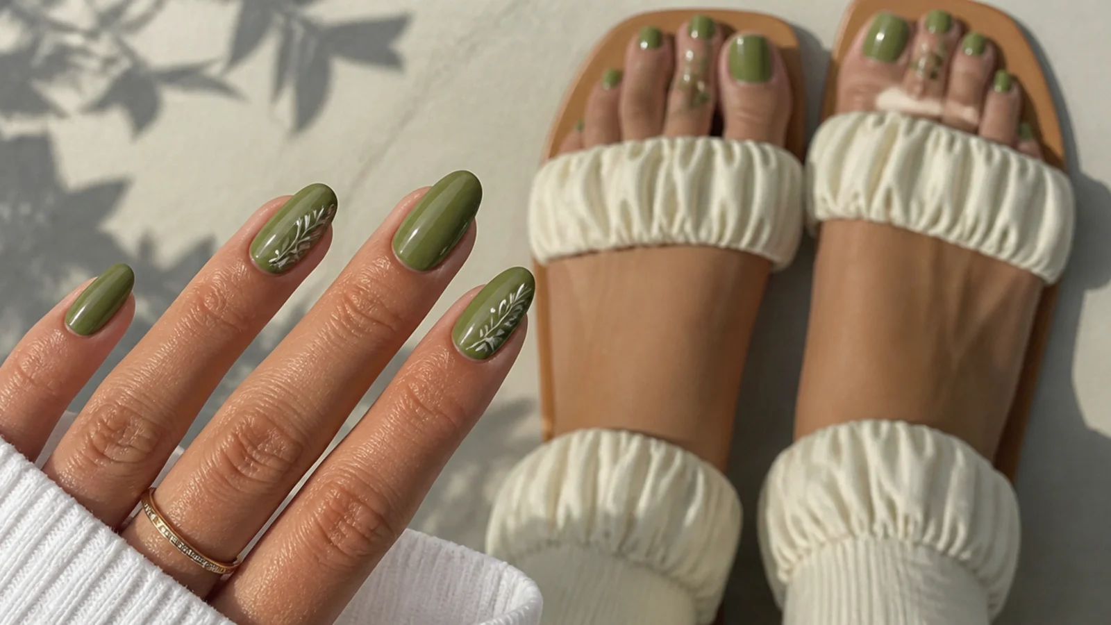 Warm olive green glossy toe nails on tan skin in summer sandals