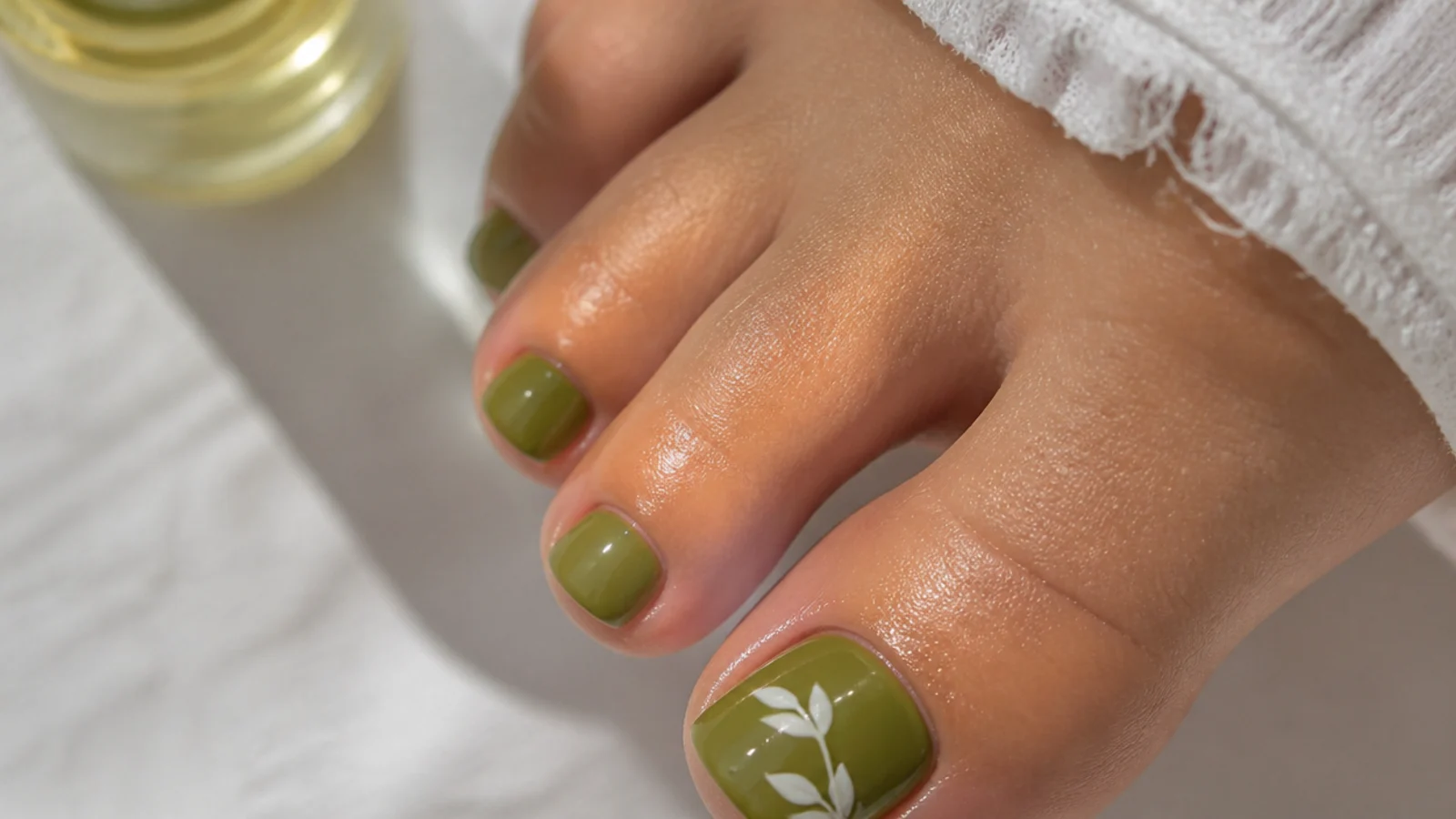 A well-sealed glossy olive green pedicure with cuticle oil for longevity