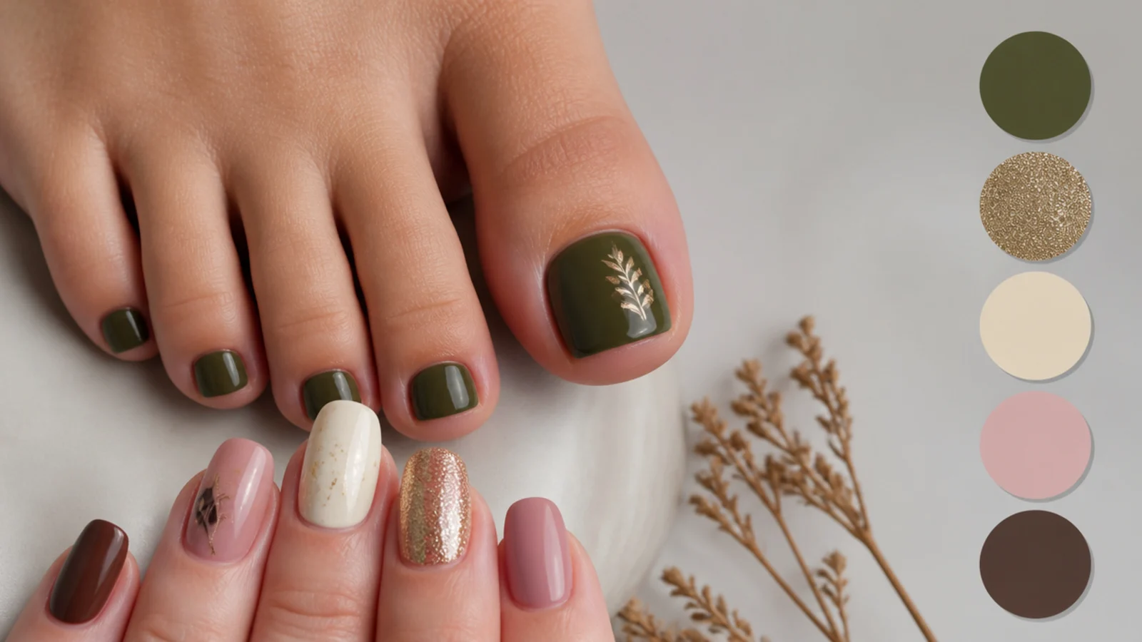 Olive green toe nails beside gold, cream, soft pink and brown accent swatches