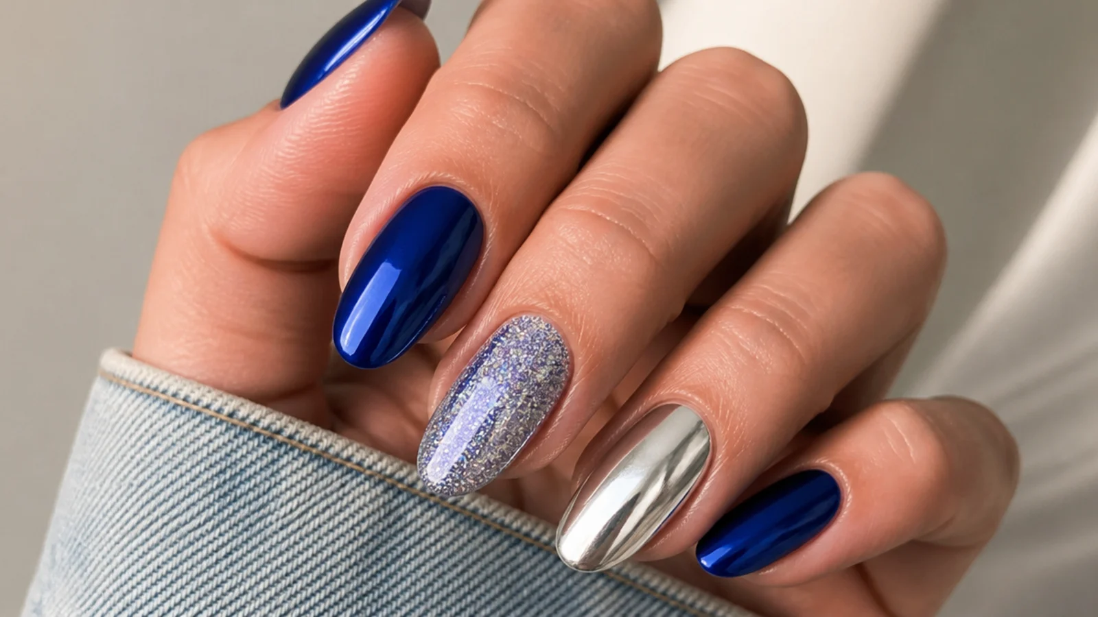 Royal blue nails with silver chrome accent nails and glitter