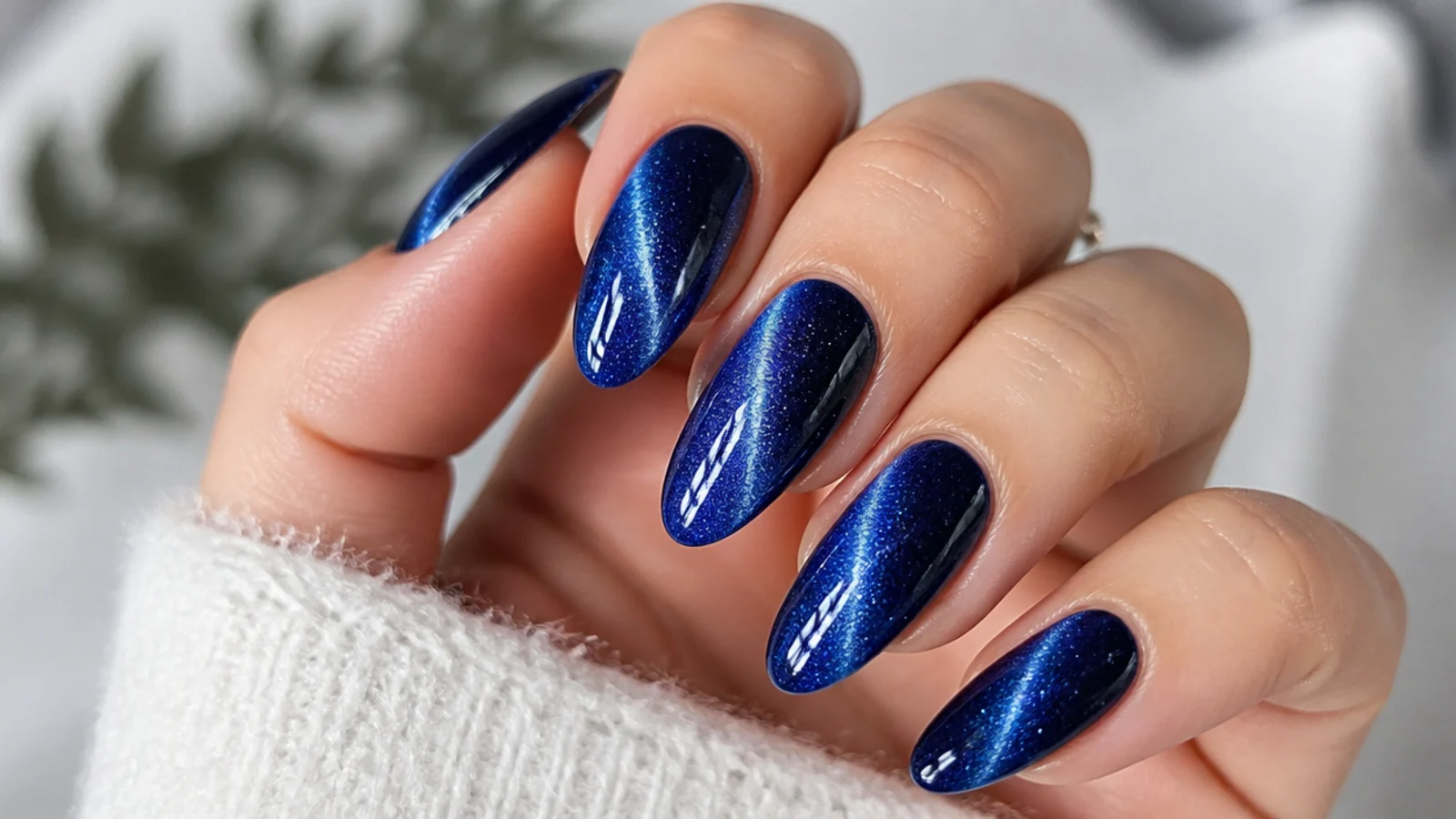 Royal blue cat-eye nails with a bright magnetic light streak