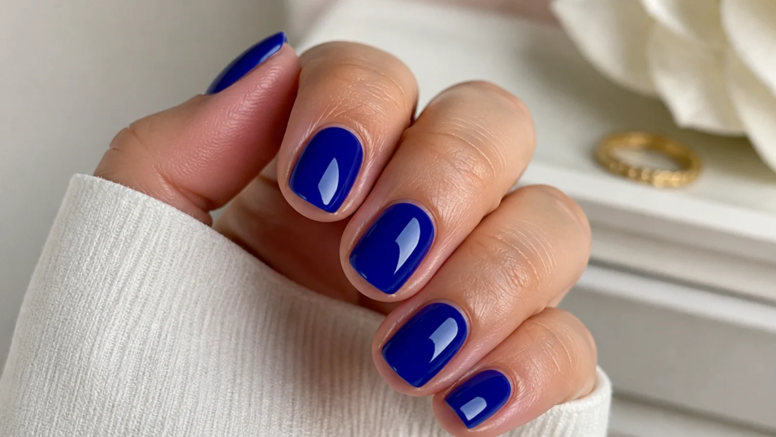 Short squoval royal blue nails with a clean glossy finish