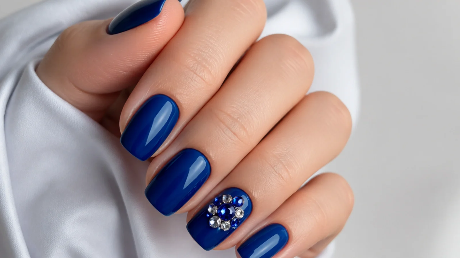 Royal blue nails with a cluster of clear and blue rhinestones on one nail