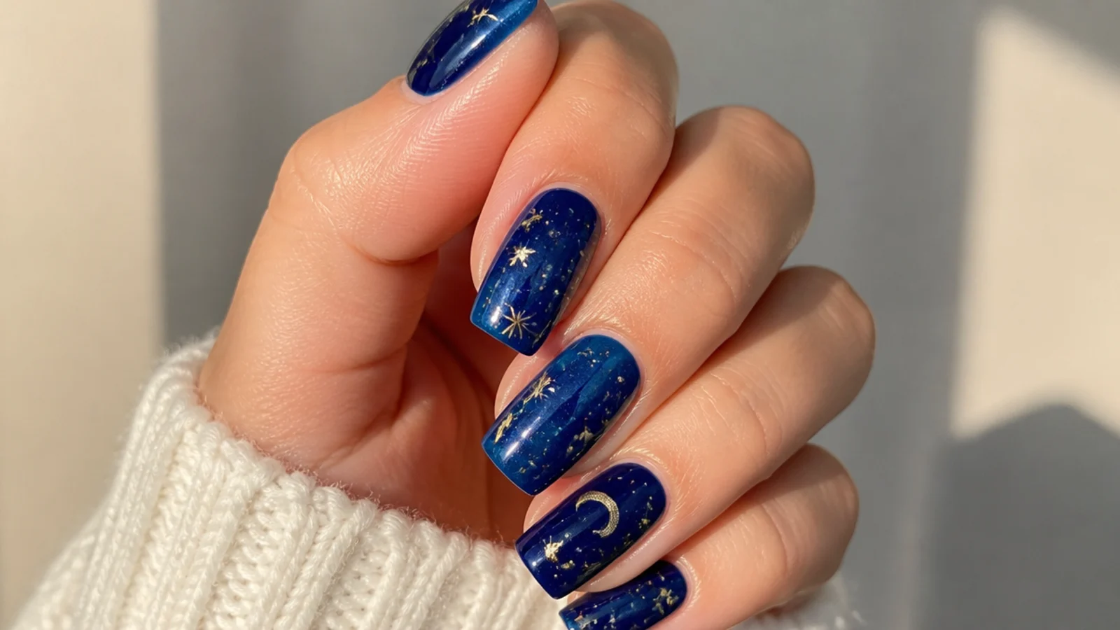 Royal blue nails with tiny gold star and celestial accents