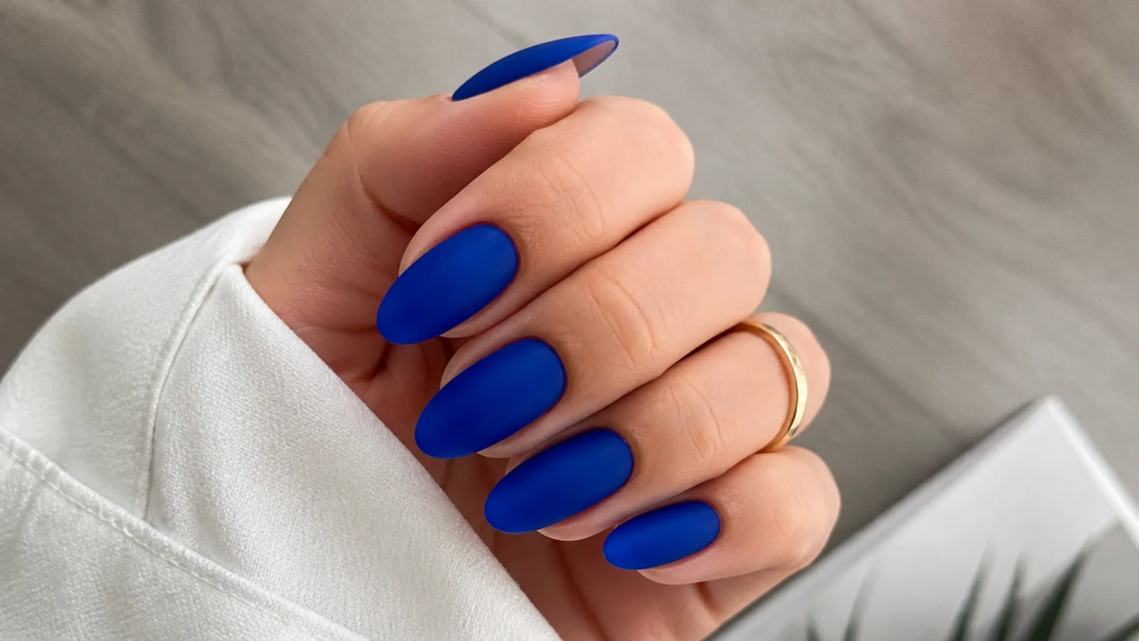 Matte royal blue nails with a soft velvety no-shine finish