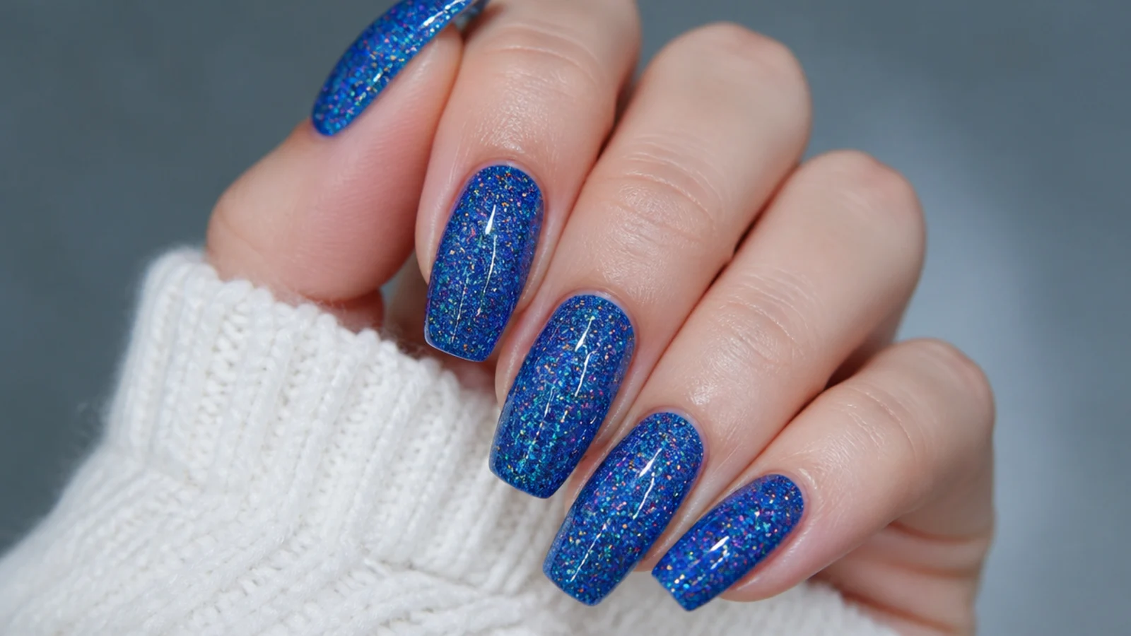Royal blue nails packed with holographic blue glitter catching rainbow light