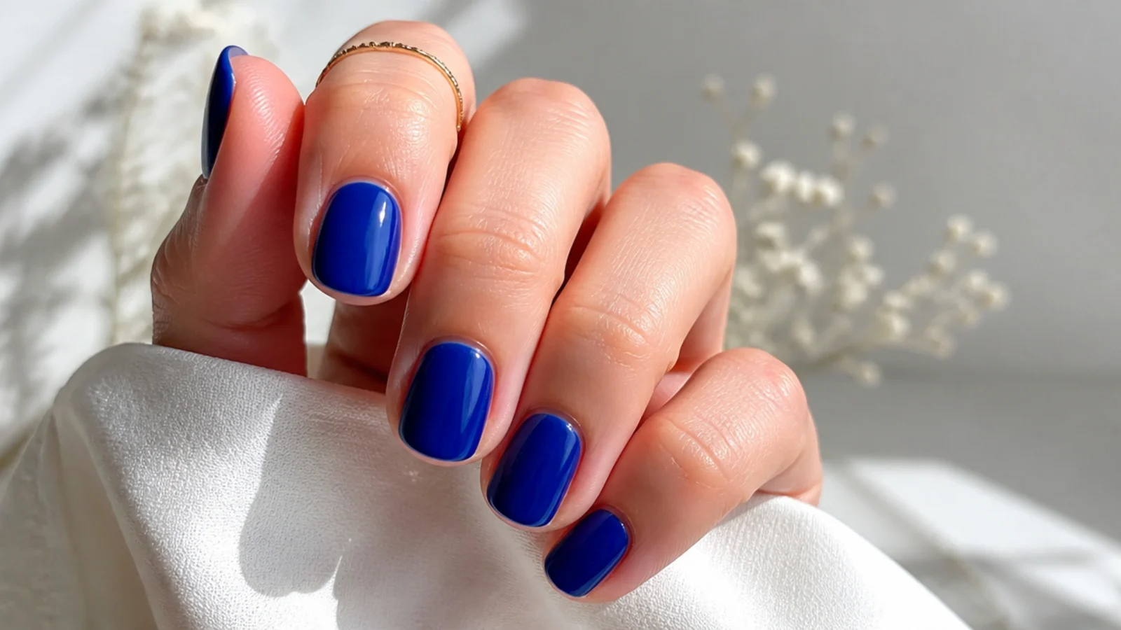 Short round royal blue nails with a soft glossy everyday finish