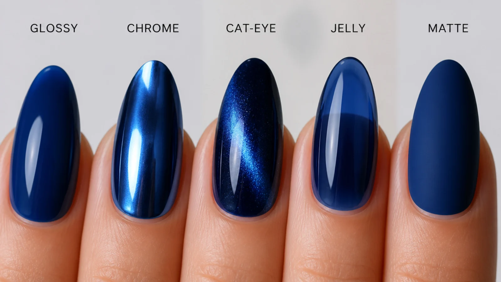 Royal blue nails shown in glossy, chrome, cat-eye, jelly and matte finishes
