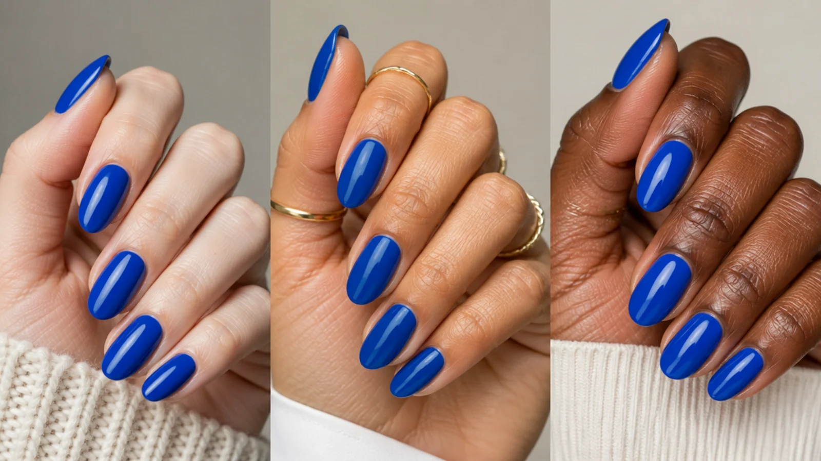 Royal blue nail swatches shown against fair, medium and deep skin tones
