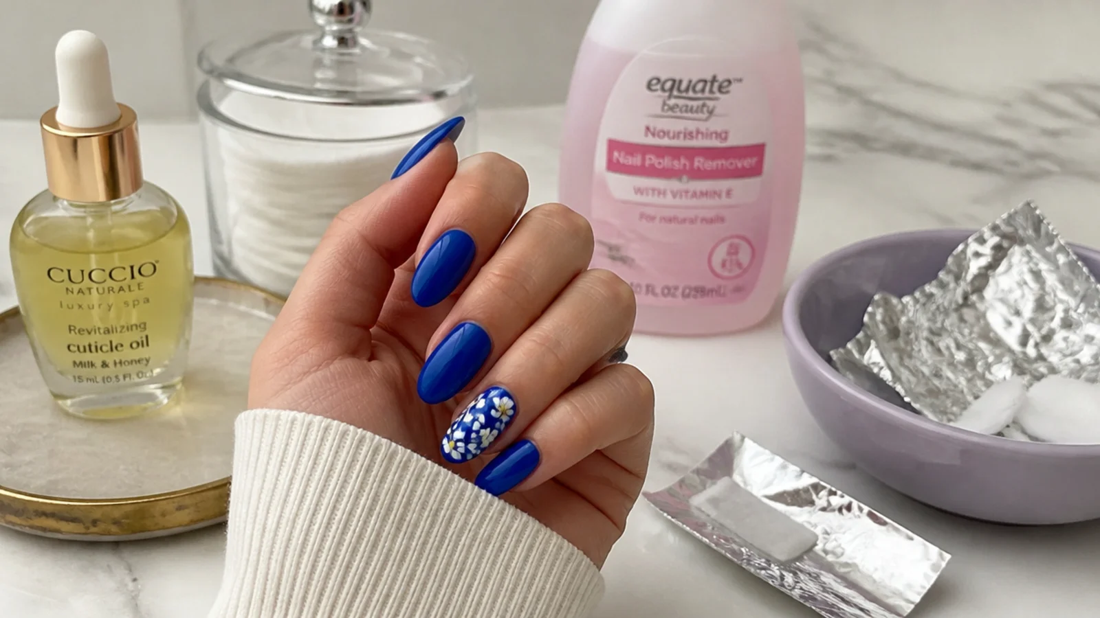 Cuticle oil and acetone foils for maintaining and removing royal blue gel nails