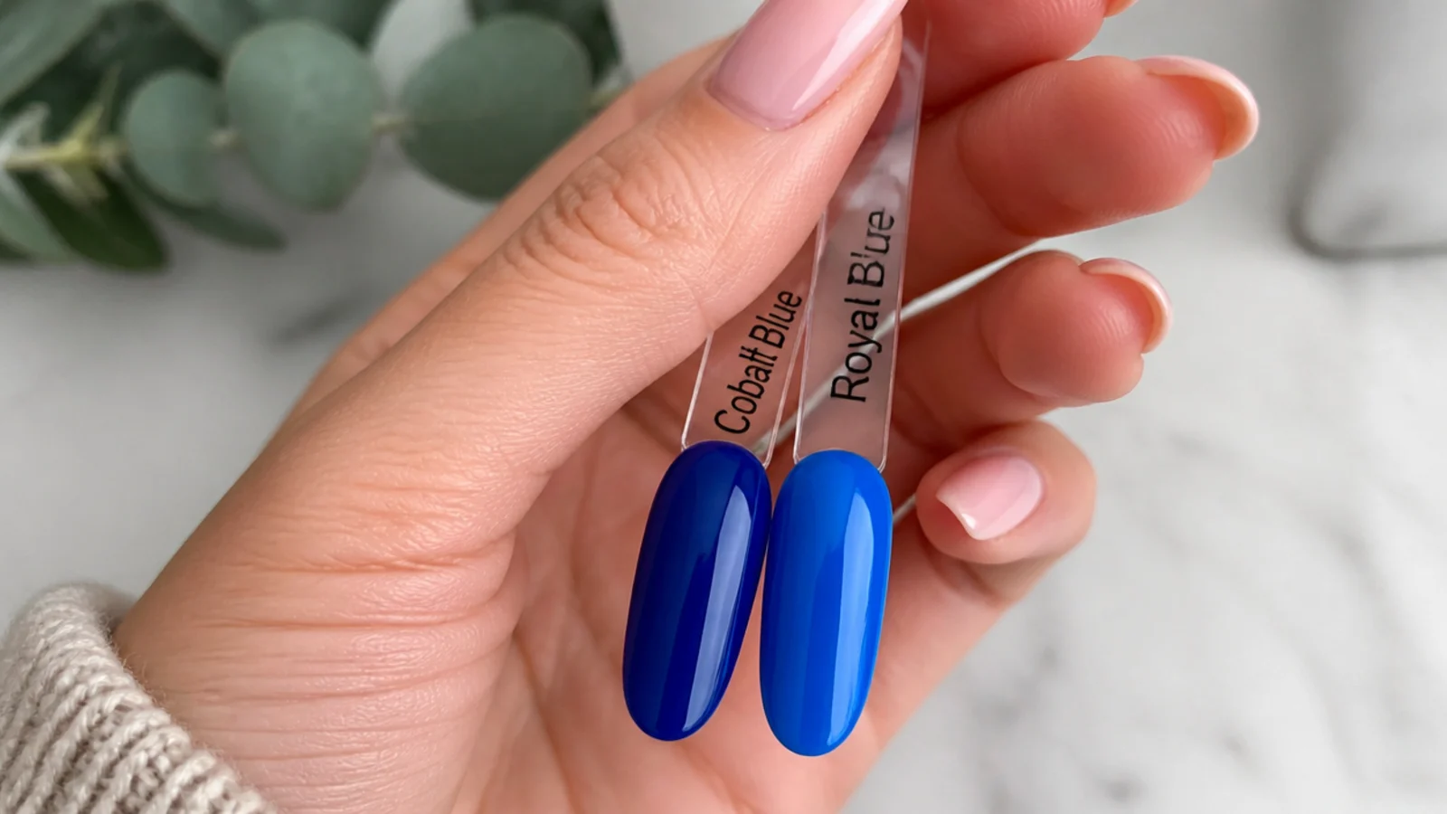 Two royal blue gel swatches, a deeper cobalt and a brighter blue, against the skin