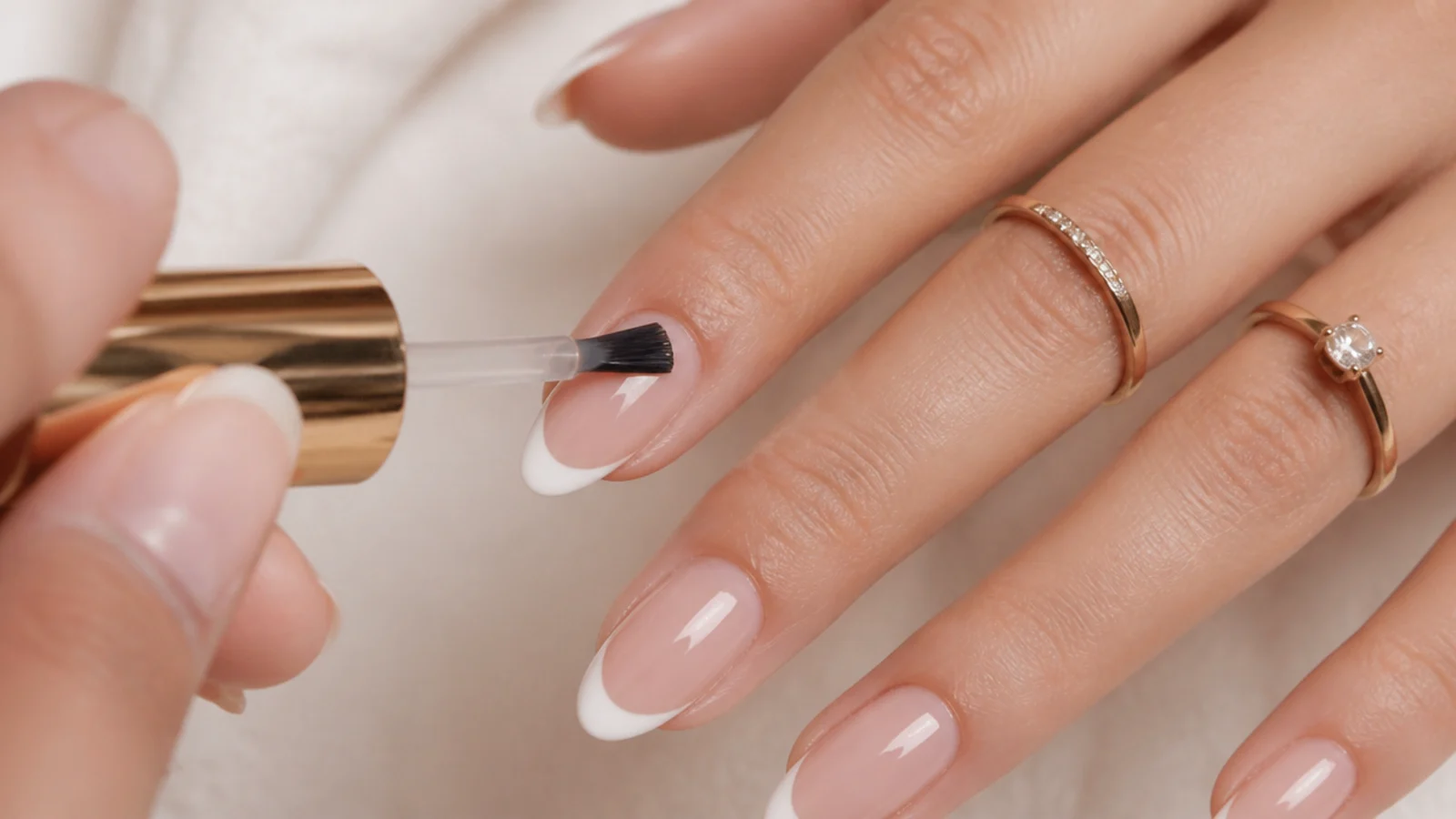 A thin gel base coat being brushed onto a prepped nail
