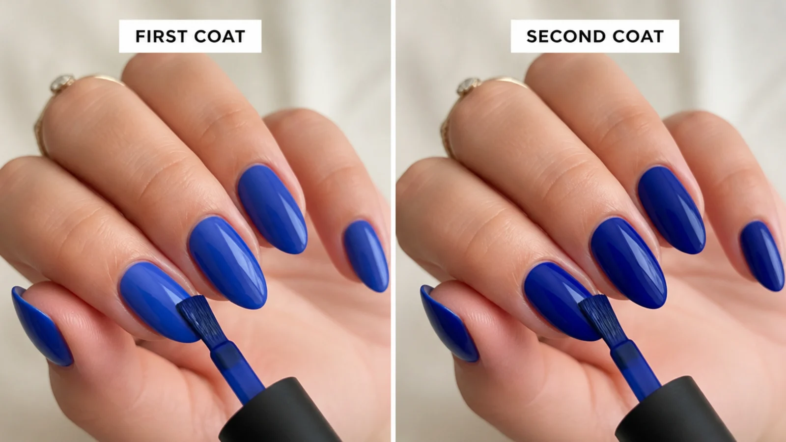 A richer second coat of cobalt royal blue gel deepening the color