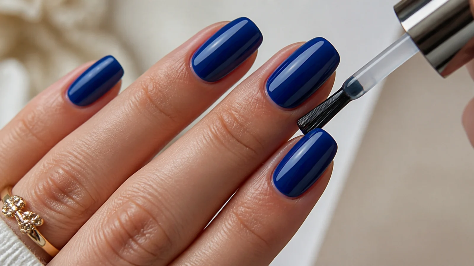 A glossy gel top coat sealing deep royal blue nails to a high shine