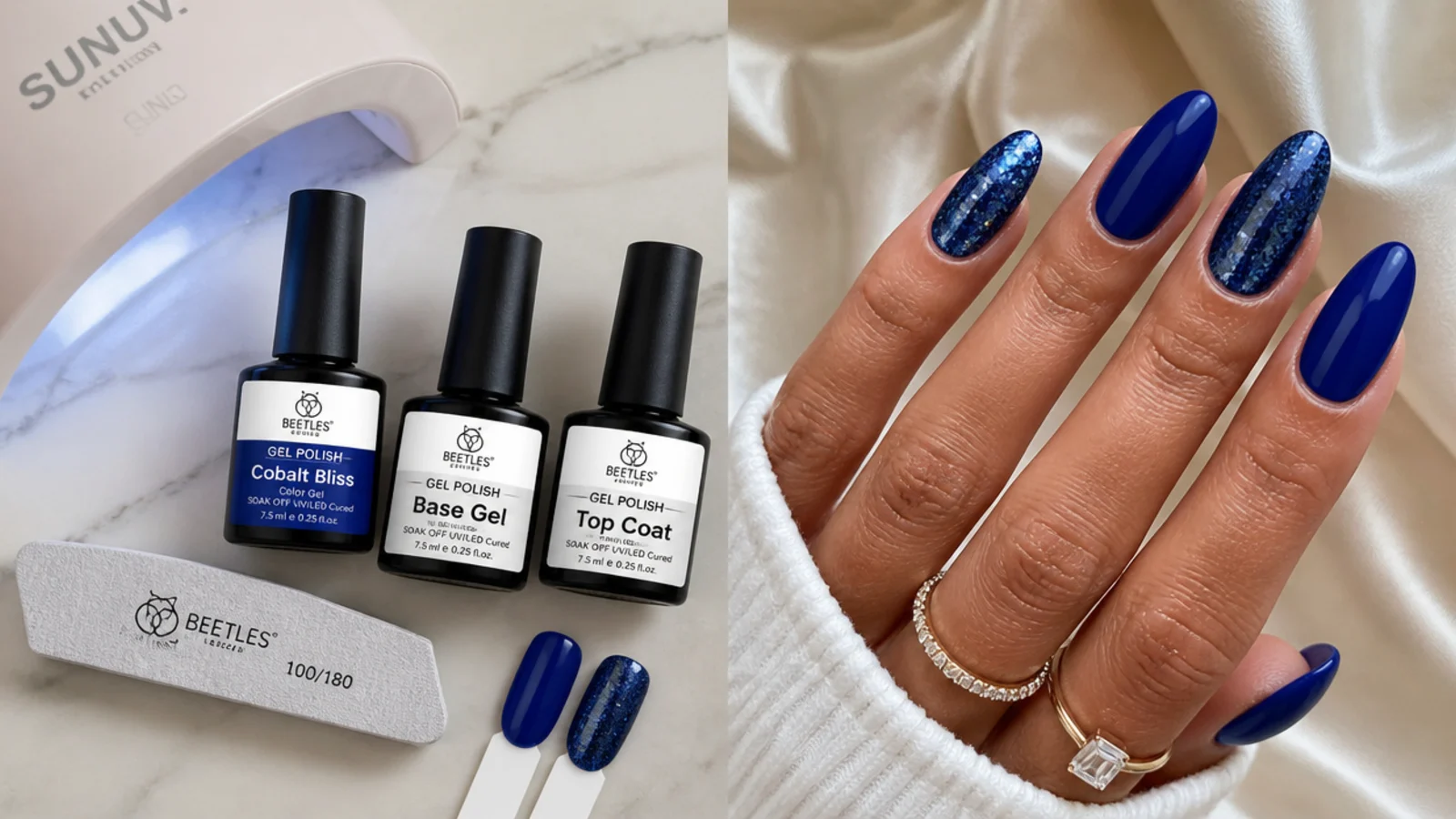 Royal blue nail supplies laid out - cobalt gel, base and top coat, lamp and buffer