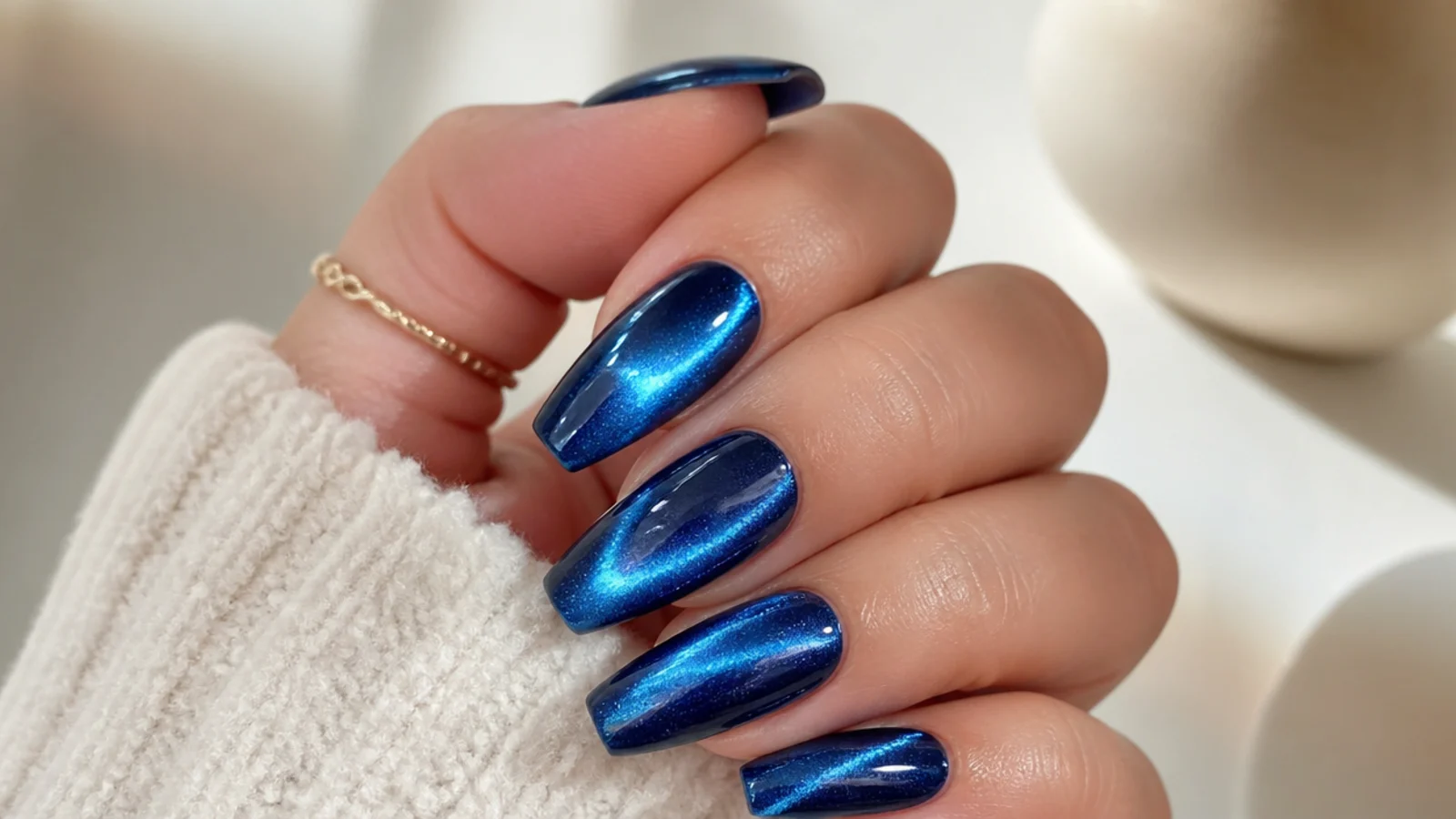 Royal blue magnetic cat-eye acrylic nails with a shifting light streak