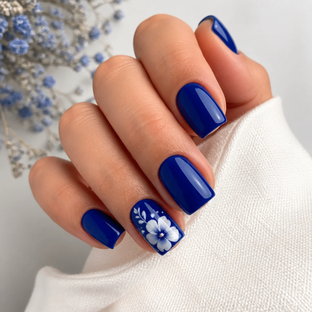 Short royal blue acrylic nails in a neat square shape on fair skin