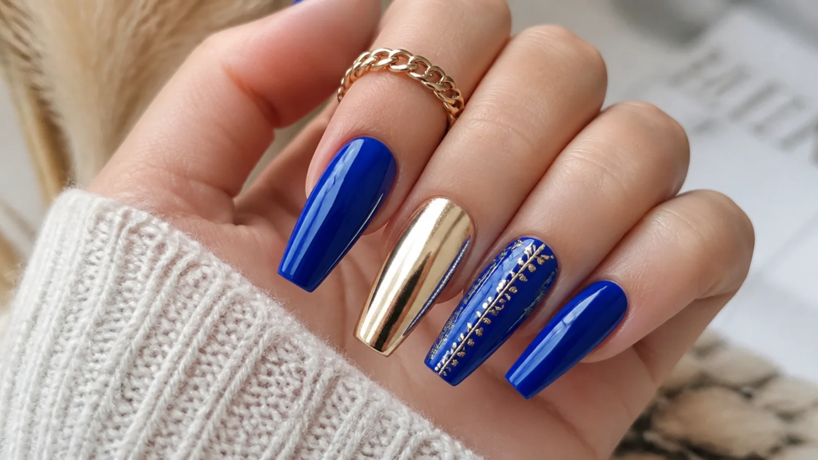 Royal blue acrylic nails alternating gold and silver accents on coffin nails