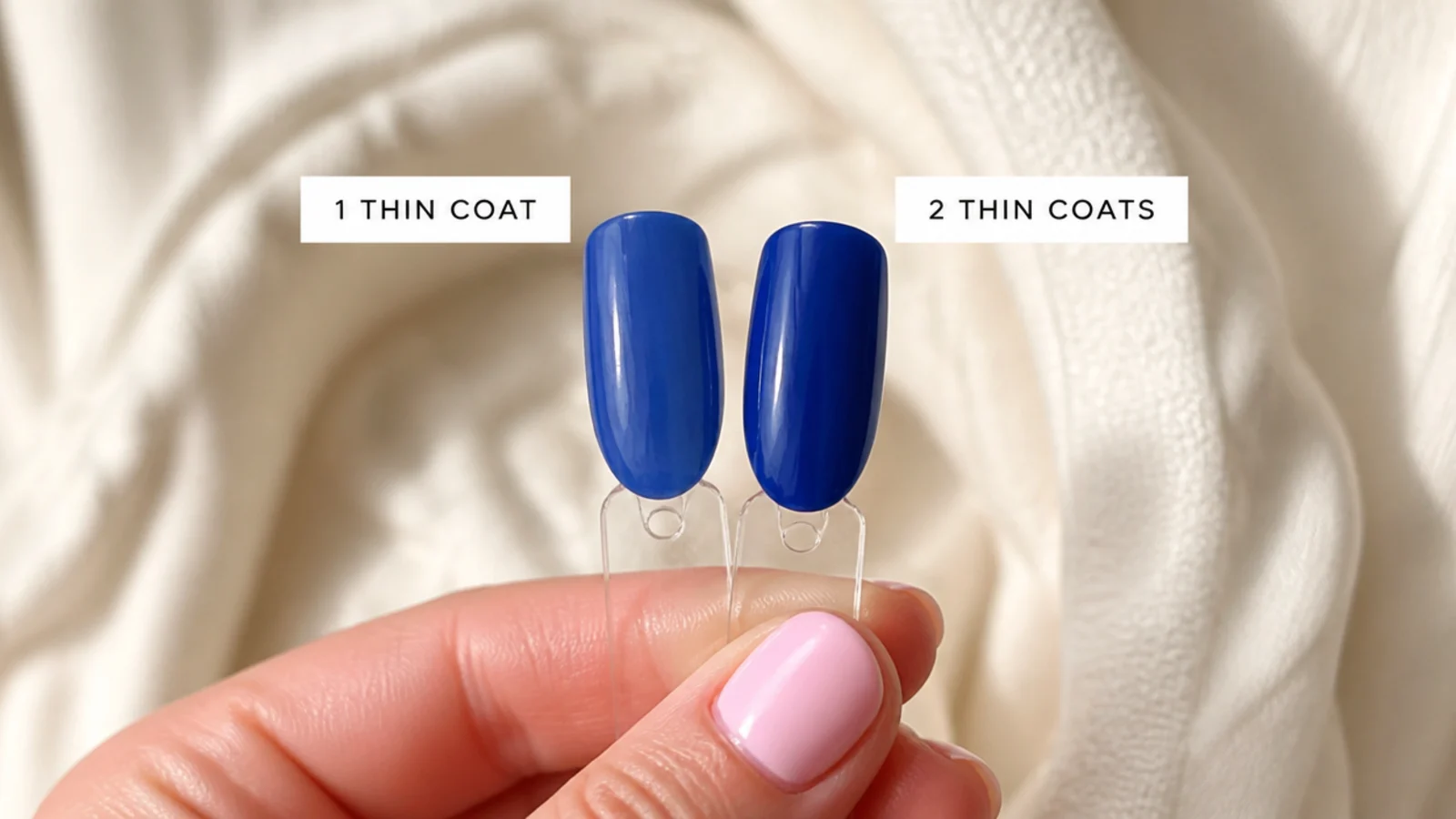 Two royal blue nail swatches comparing one thin coat to two deep coats