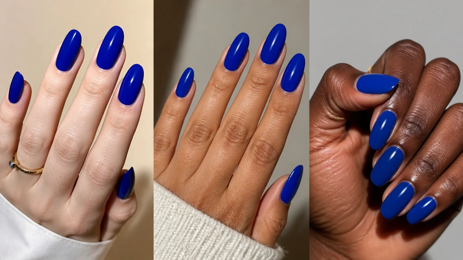 Royal blue nail swatches shown against fair, medium and deep skin tones