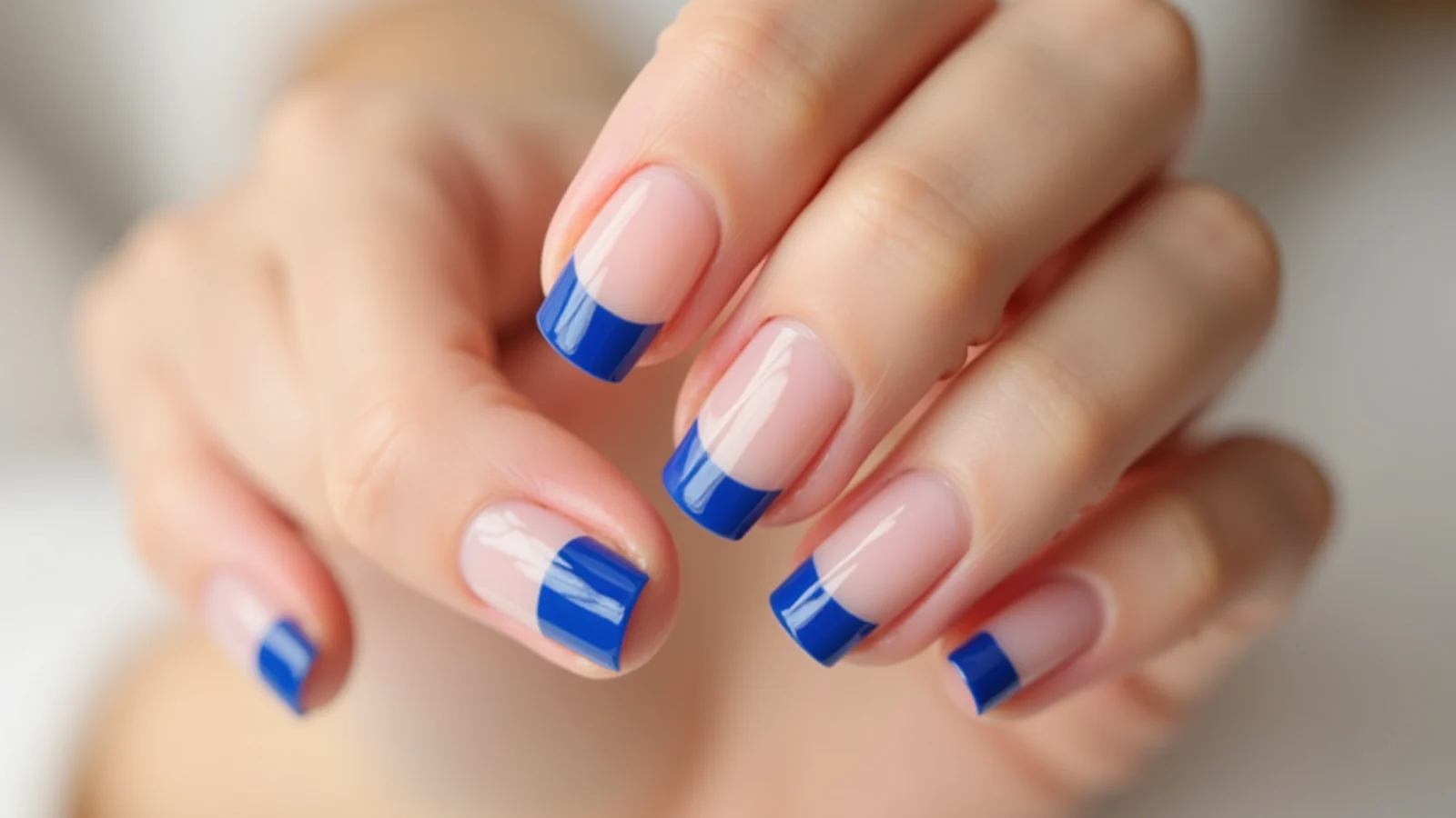Sheer nude almond nails with a thin royal blue micro-french tip