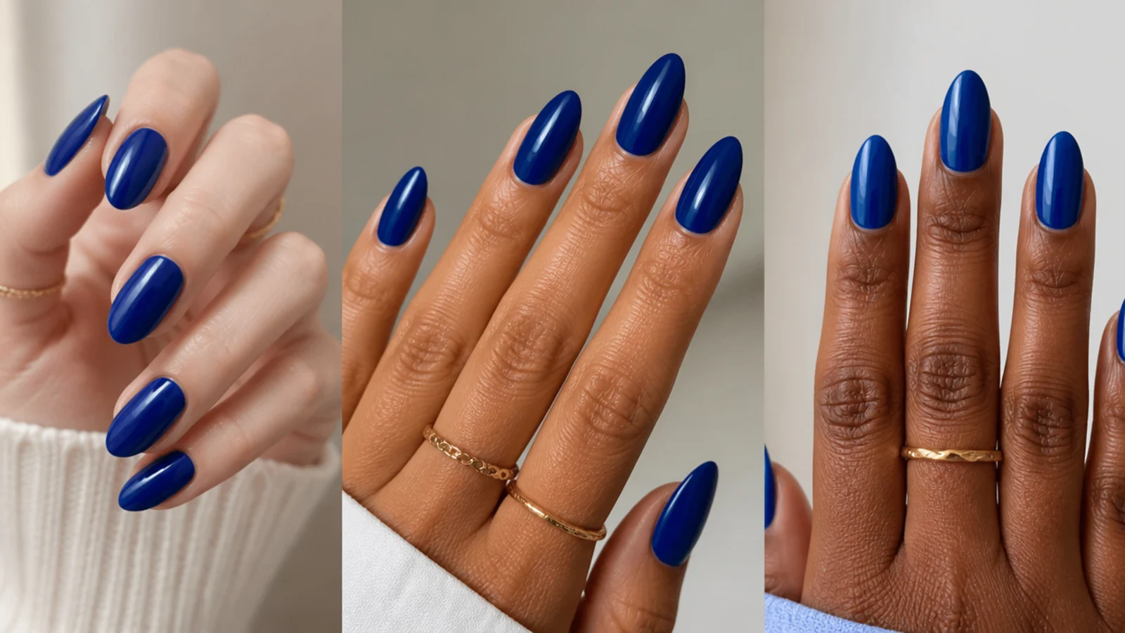 Royal blue almond nails shown on fair, medium and deep skin tones