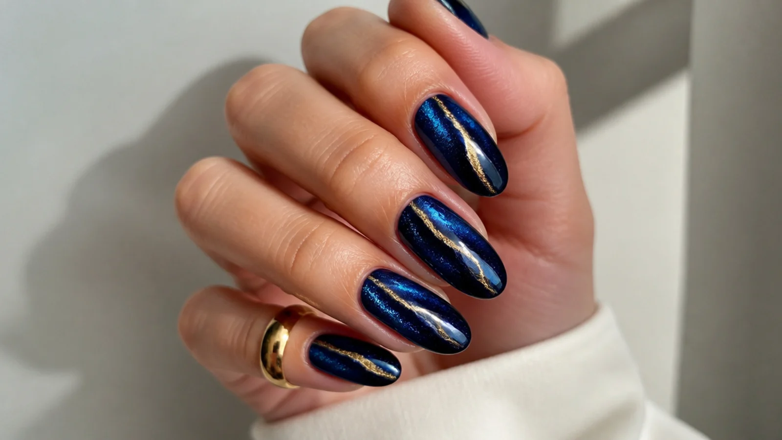 Royal blue magnetic cat-eye nails with a gold shimmer light strip