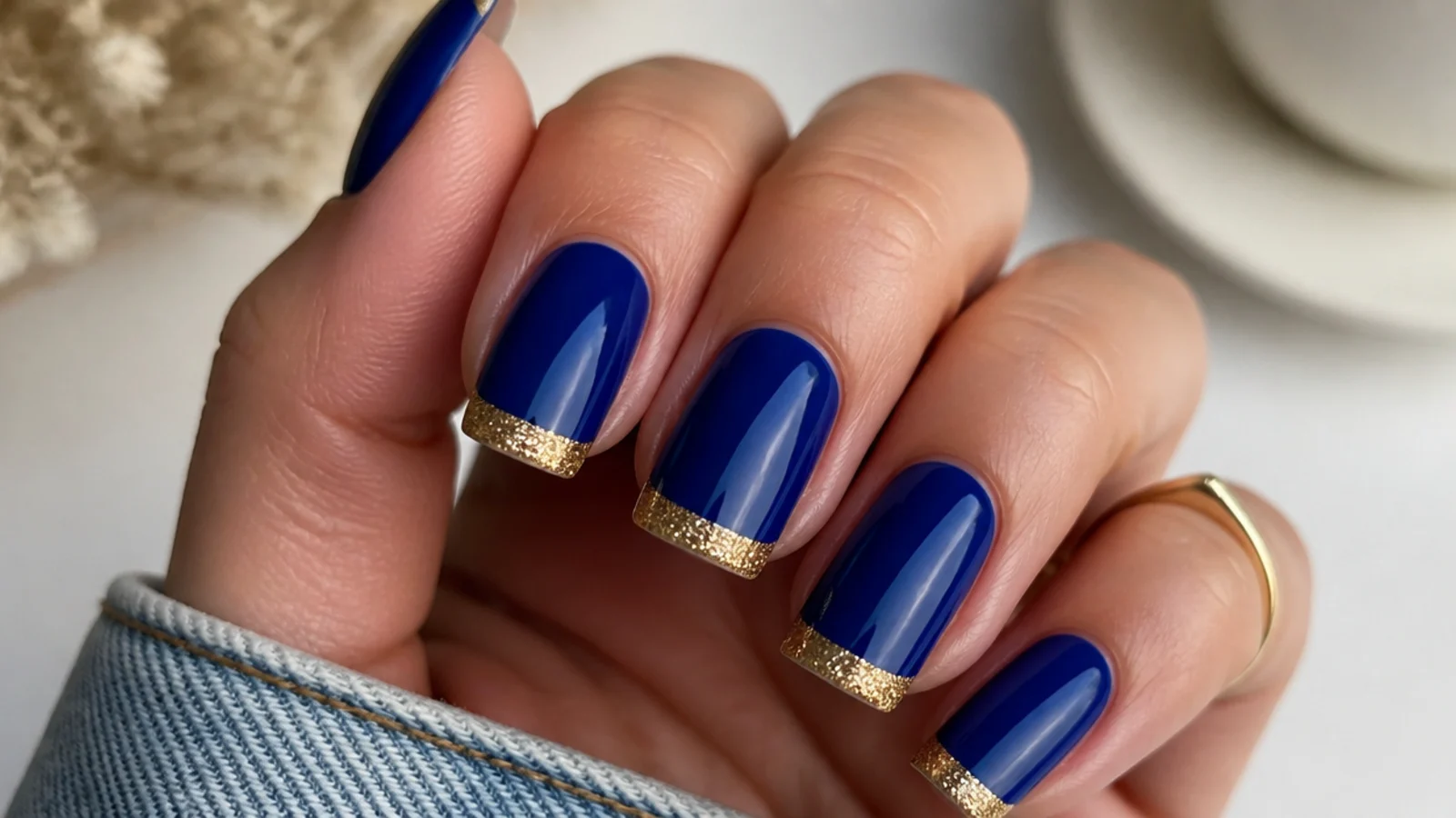 Royal blue nails with solid gold glitter french tips on square nails