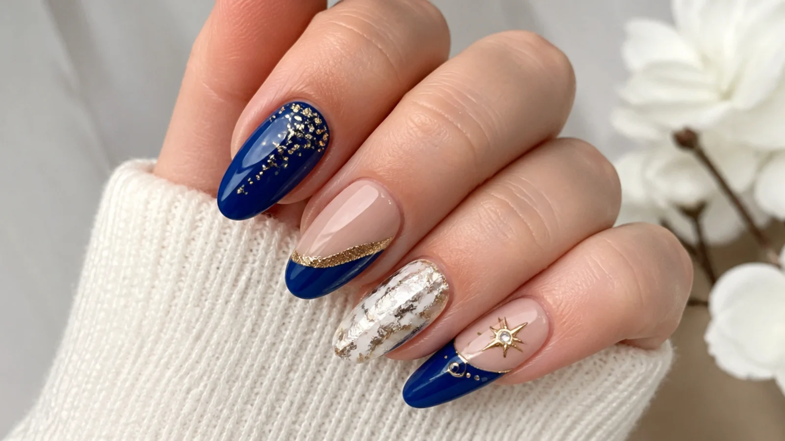 Royal blue nails paired with gold, silver, white and nude accents