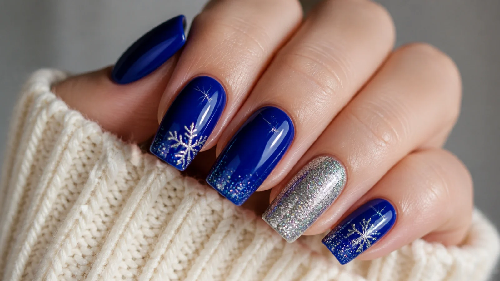 Royal blue nails with delicate silver snowflake and glitter details