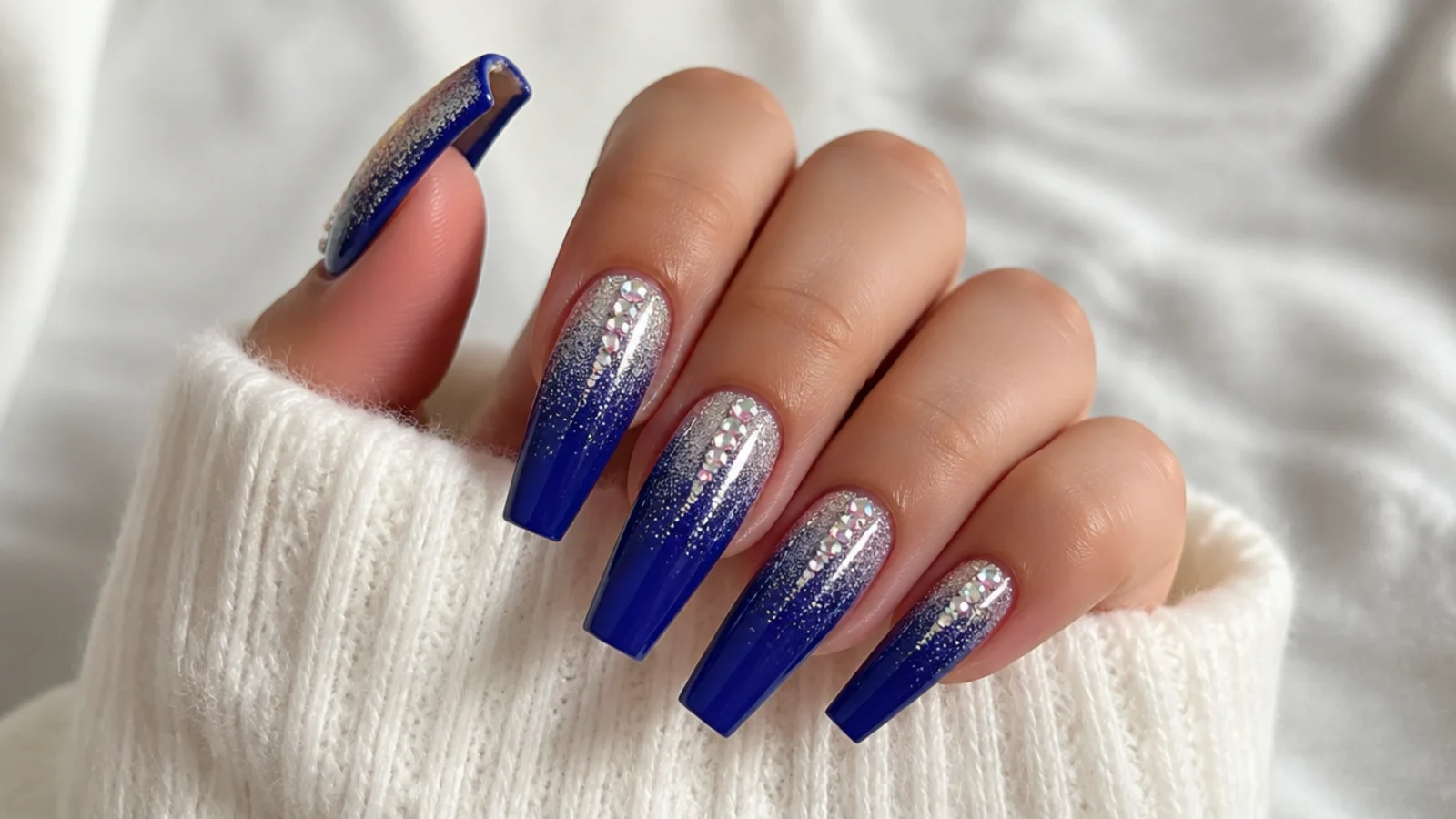 Long royal blue coffin nails with silver glitter ombre and rhinestones
