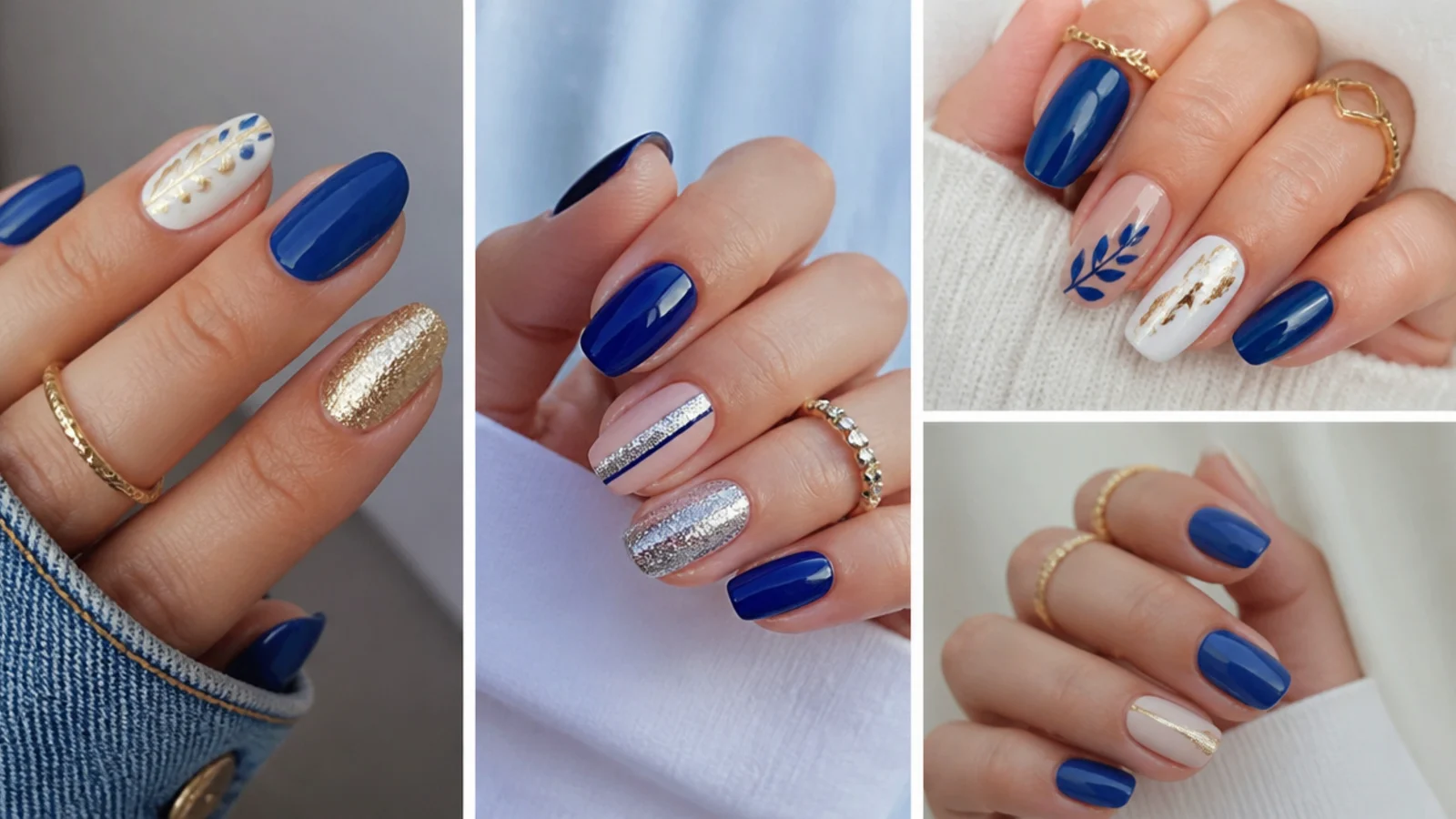 Royal blue nails shown with silver, gold, white and nude accent pairings