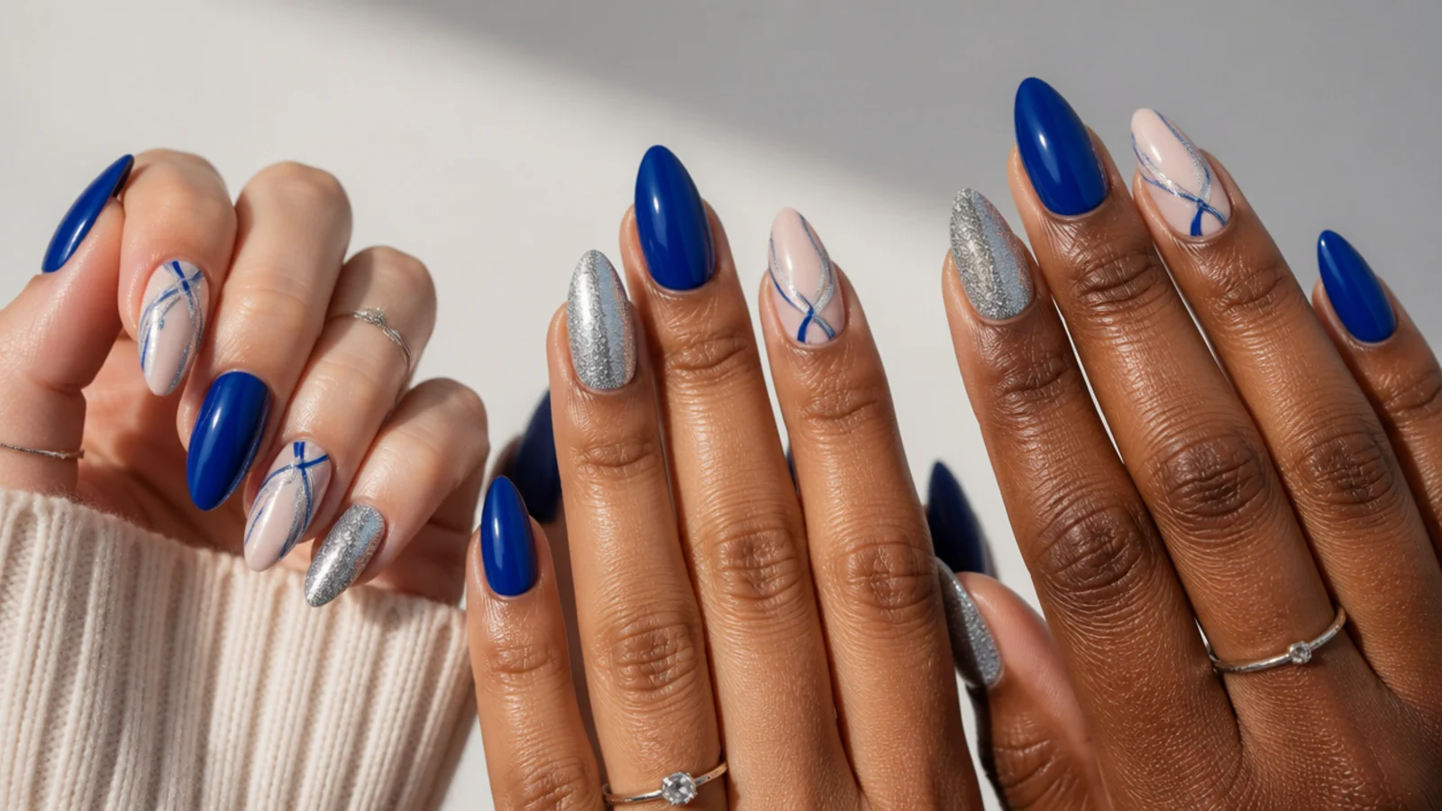 Royal blue and silver swatches held against fair, medium and deep skin tones