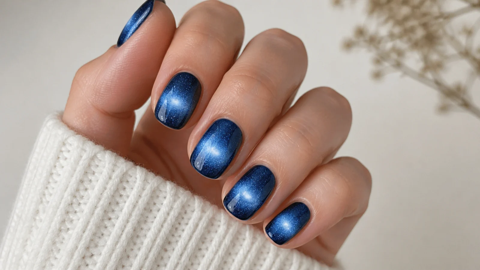 Royal blue cat eye nails with a soft round glowing halo of light in the center
