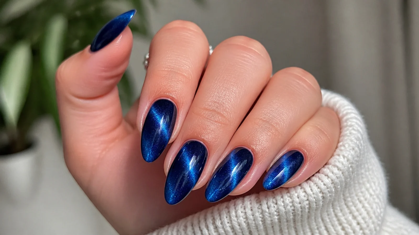 Royal blue cat eye nails fading from deep navy at the base to bright royal at the tip
