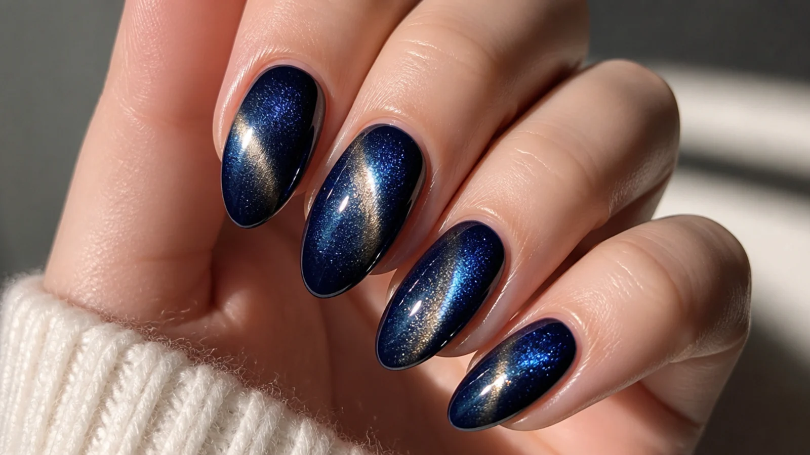 Deep royal blue cat eye nails with warm gold flecks and a light strip