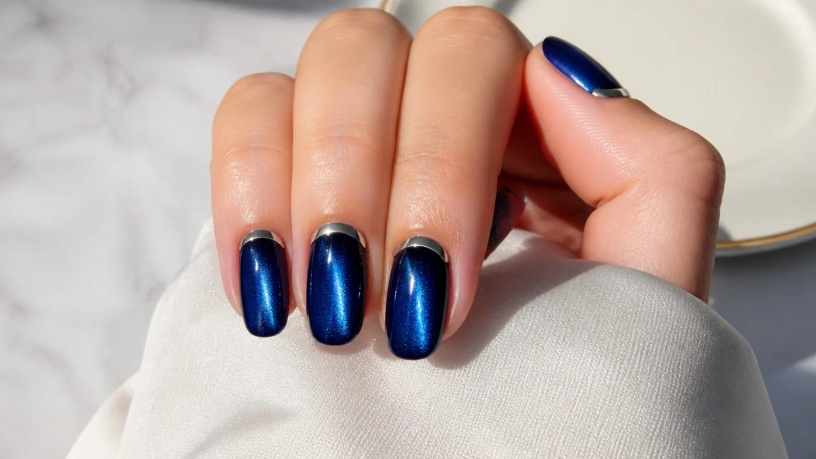 Royal blue cat eye nails with a fine silver chrome line along the cuticle