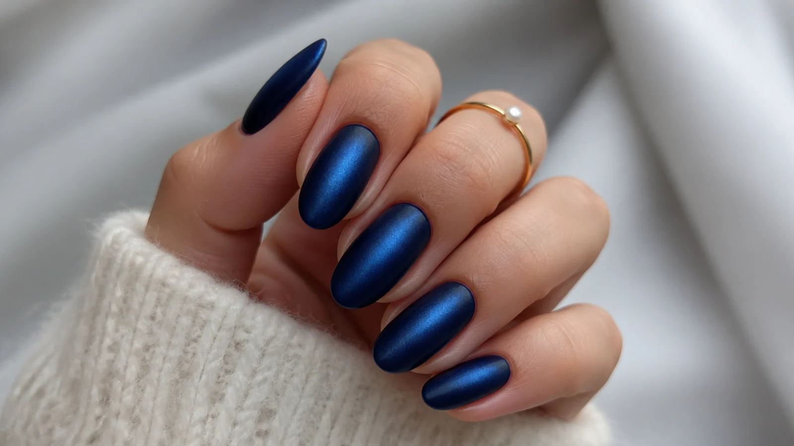 Matte royal blue cat eye nails with a subtle satin light strip