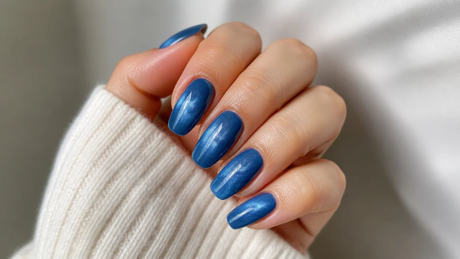 Sheer jelly royal blue cat eye nails with a glassy translucent light strip