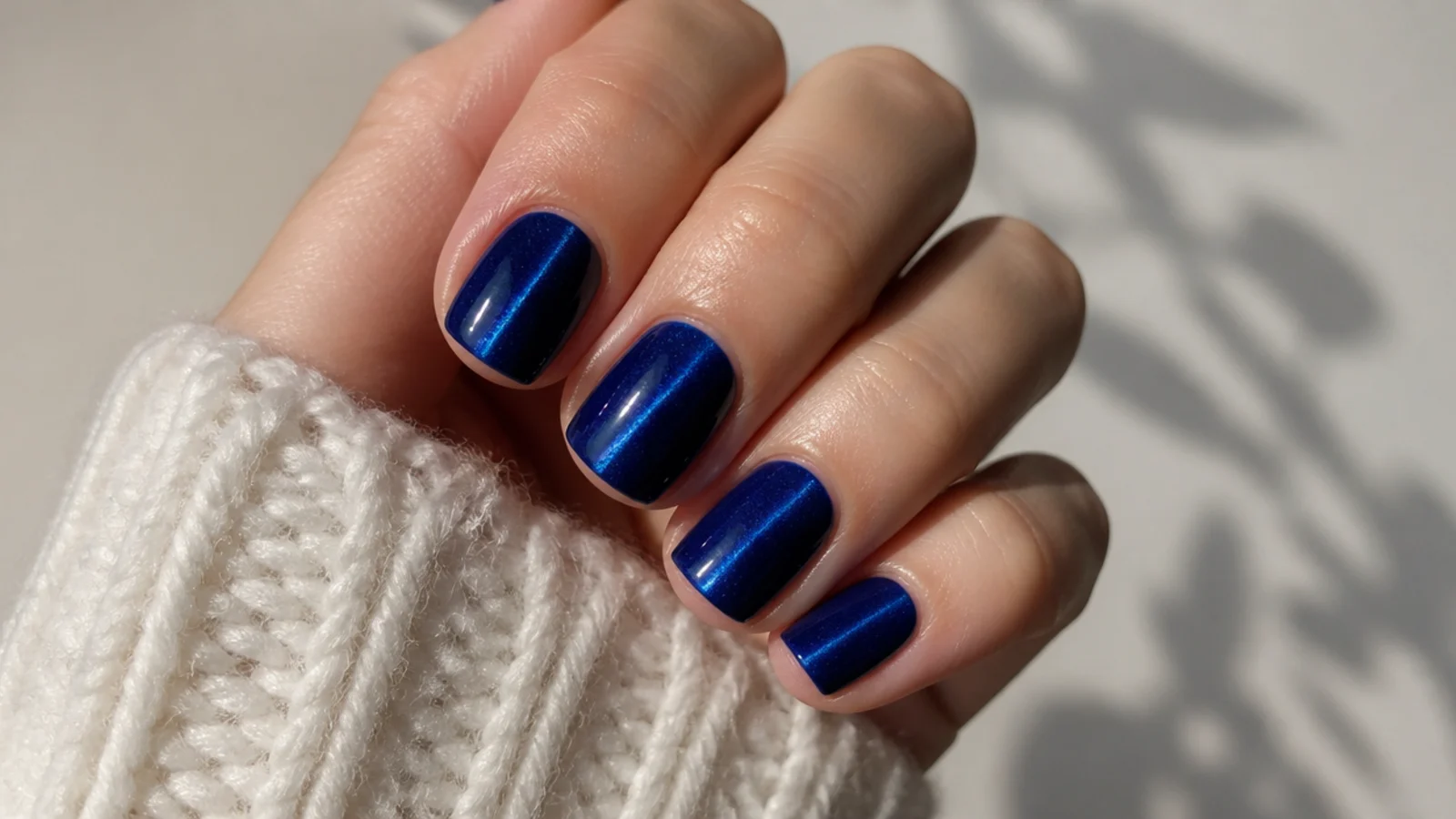 Short square royal blue cat eye nails with a simple vertical light strip