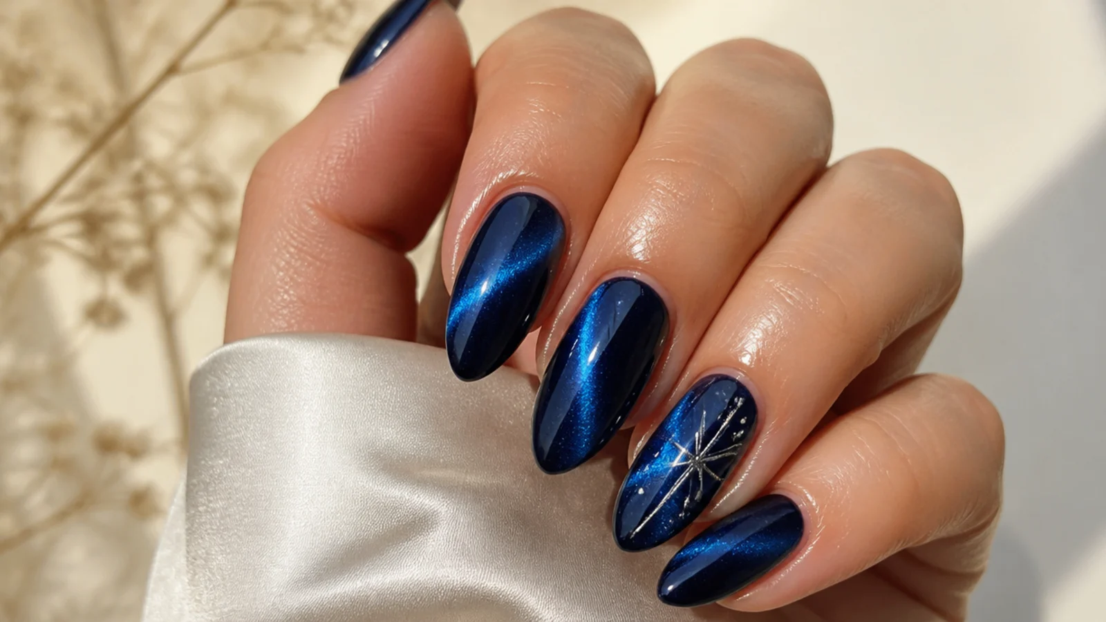 A well-sealed royal blue cat eye manicure with cuticle oil for longevity