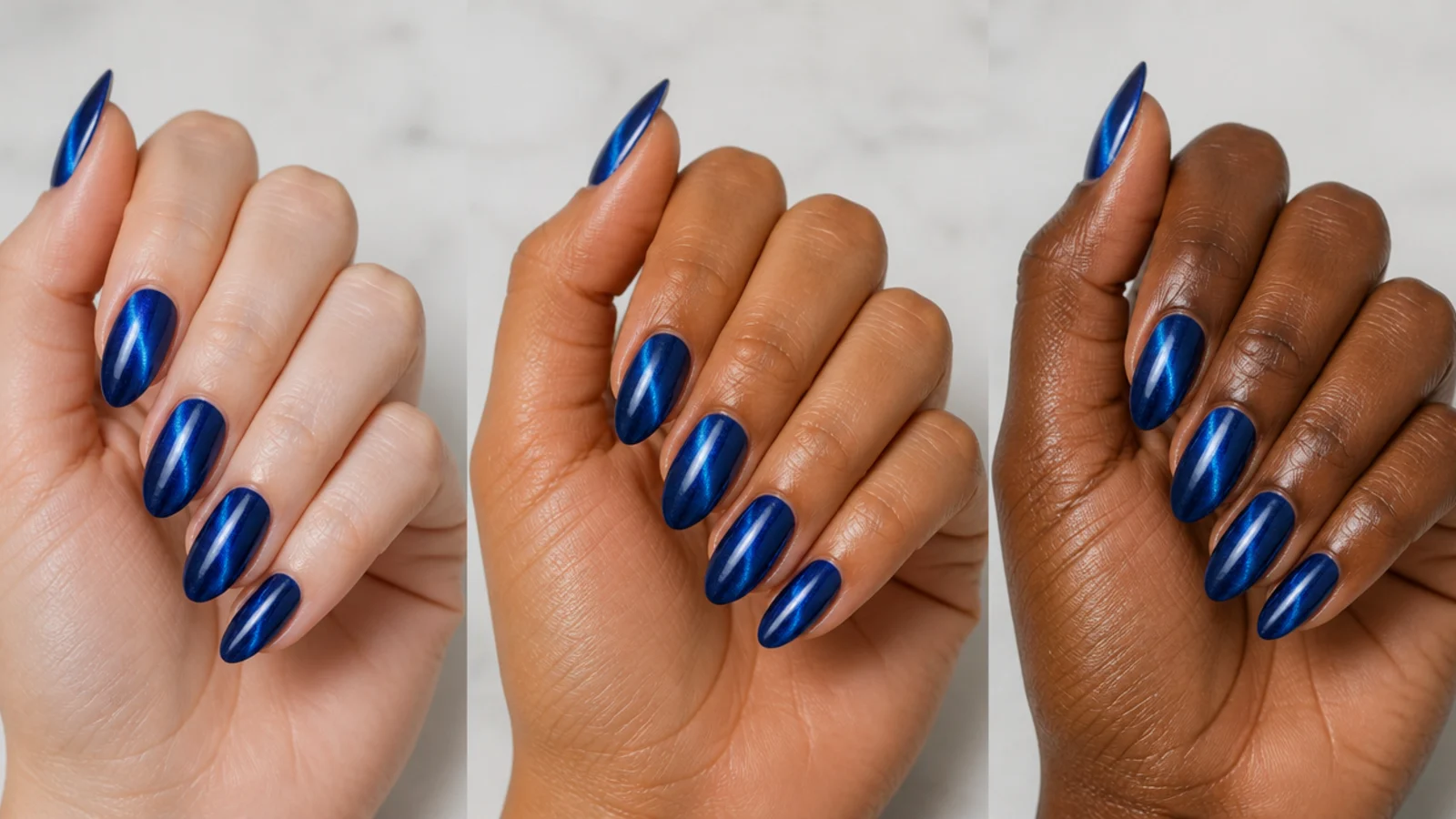 Royal blue cat eye swatches shown against fair, medium and deep skin tones