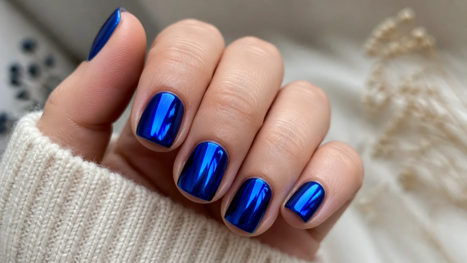 Short square royal blue mirror chrome nails, neat and glossy
